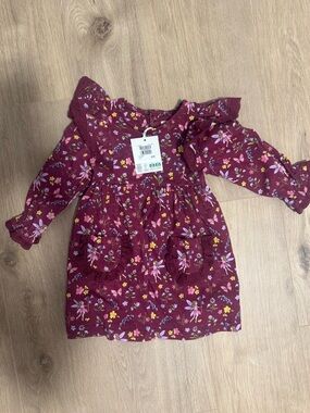 JoJo Maman Bebe Burgundy Floral Ruffle Pocket Dress